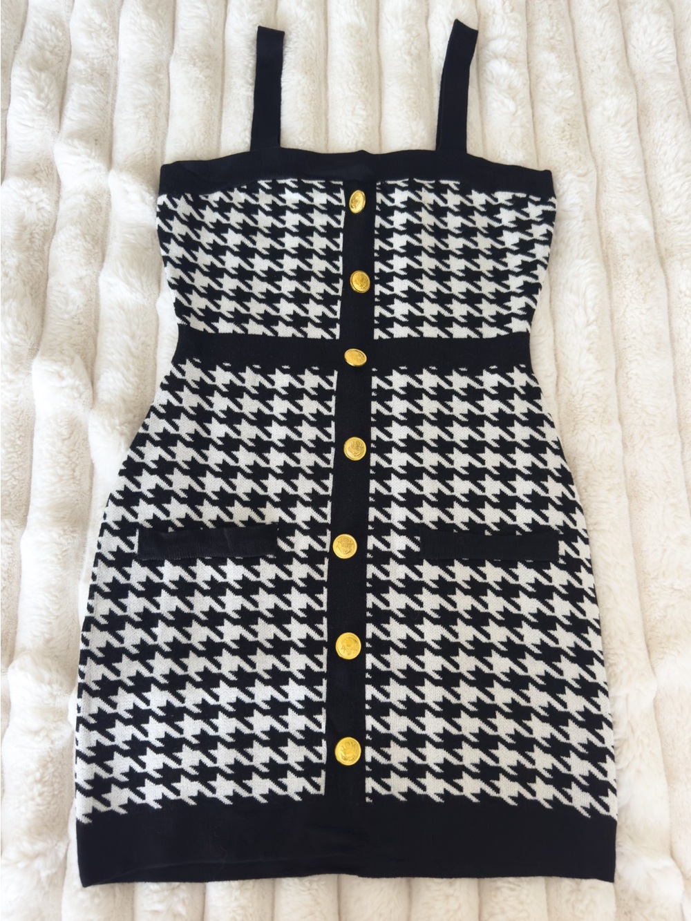 Black & White Houndstooth Knit Sheath Dress with Gold Buttons